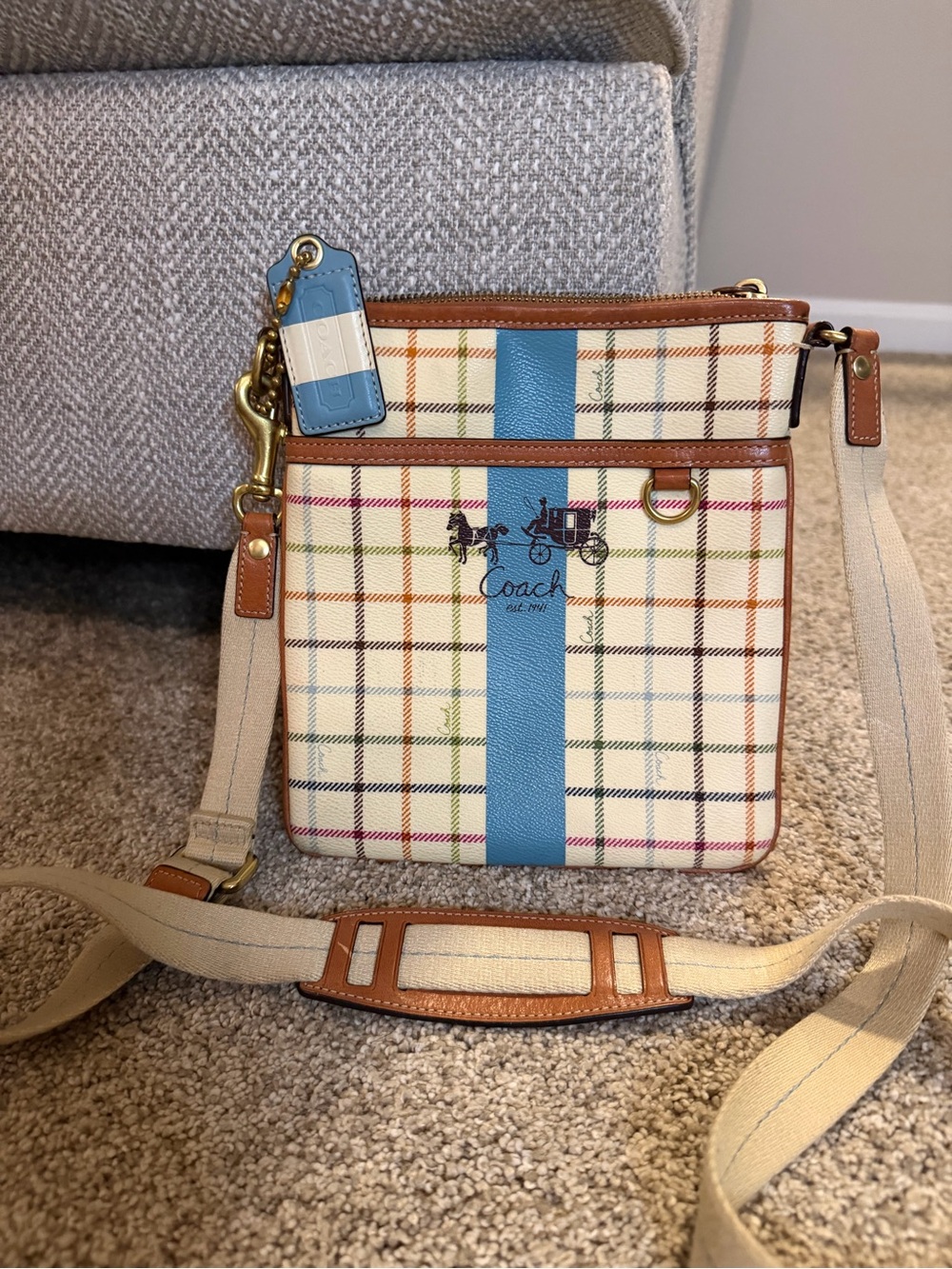 Coach Heritage Tattersall Plaid Crossbody Bag 41914 Multicolor Blue Stripe